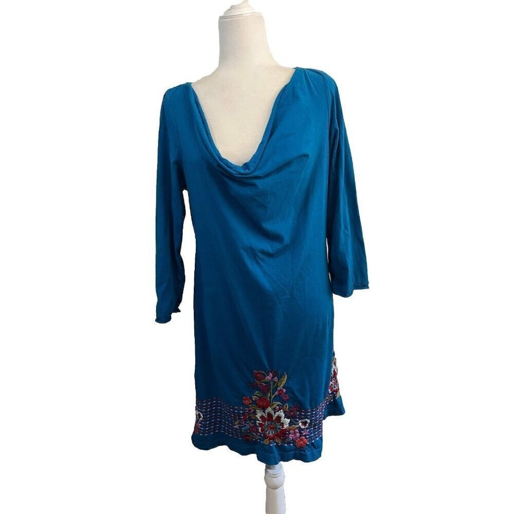 Johnny Was Teal Blue Floral-Embroidered Mini Dress